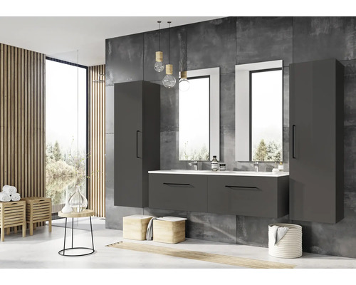 Modernt badrum med grå möbler, handfat, speglar och träelement