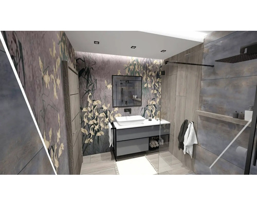 Modernt badrum med tvättställsskåp, spegel och dusch