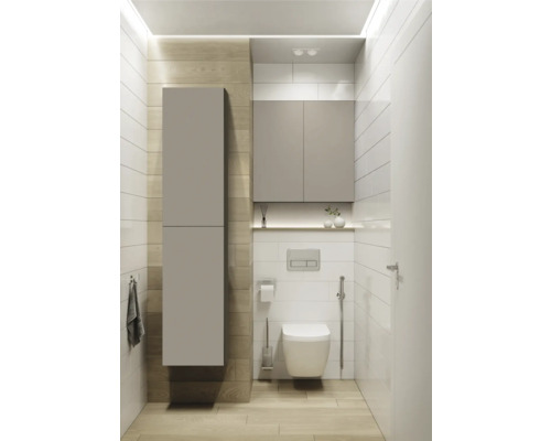 Modernt badrum med toalett, väggskåp och tvättställsskåp