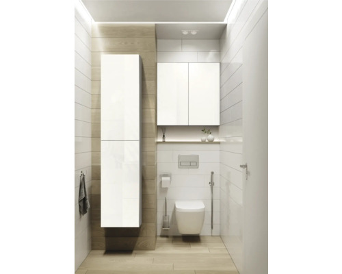 Modernt badrum med toalett, handfat, badrumsmöbler och handduk