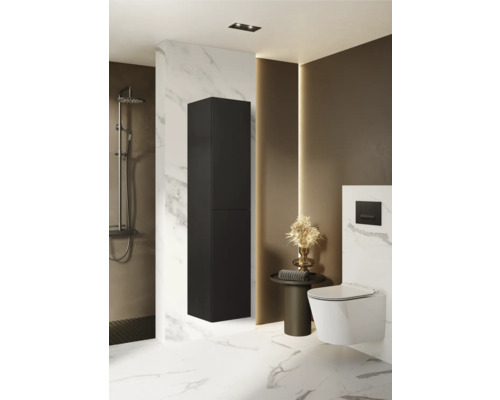 Modernt badrum med svart högskåp, dusch och toalett