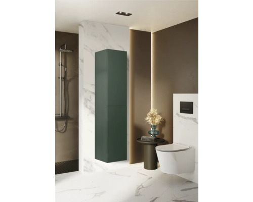 Badrum med dusch, toalett och högt smalt skåp