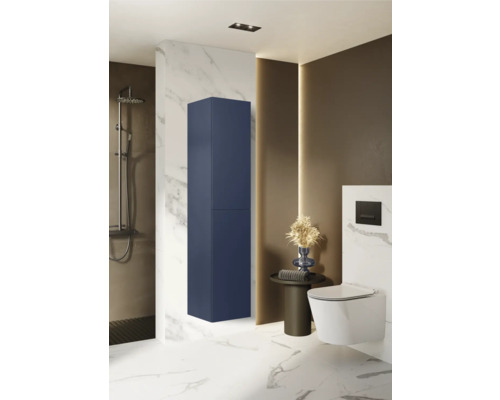 Modernt badrum med blått högskåp, toalett och dusch