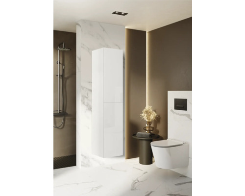 Modernt badrum med dusch, spegelskåp, toalett och tvättställ