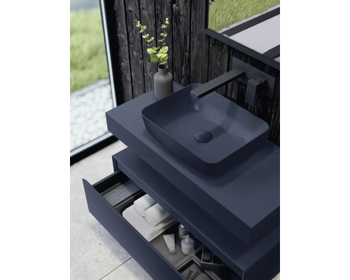 Tvättställsskåp med tvättställsskål, blandare och öppen låda i modern design