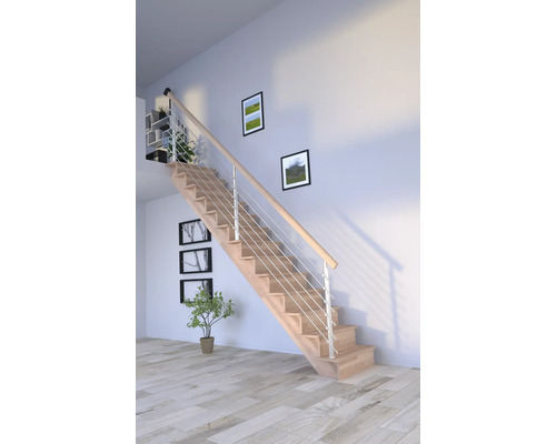 Trätrappa med rostfritt räcke i ett ljust rum