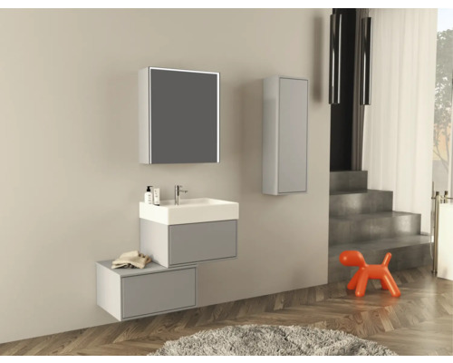 Modernt badrum med tvättställ, spegel, högskåp och dekoration