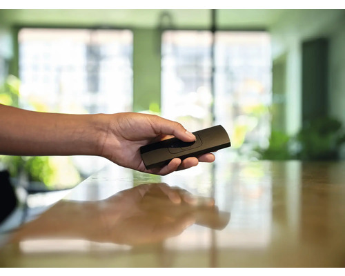 En hand håller en svart fjärrkontroll.