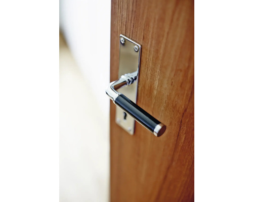 Dörr med dörrhandtag i metall och plast