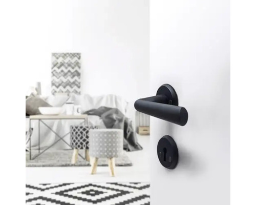 Svart dörrhandtag på en vit dörr med utsikt över ett ljust vardagsrum.