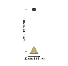 Pendellampa med konisk lampskärm och måtten 110 cm längd och 22 cm diameter