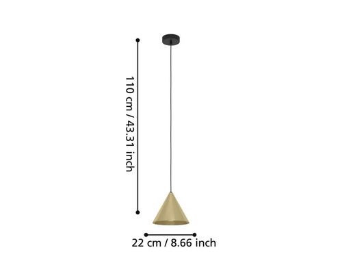 Pendellampa med konisk lampskärm och måtten 110 cm längd och 22 cm diameter