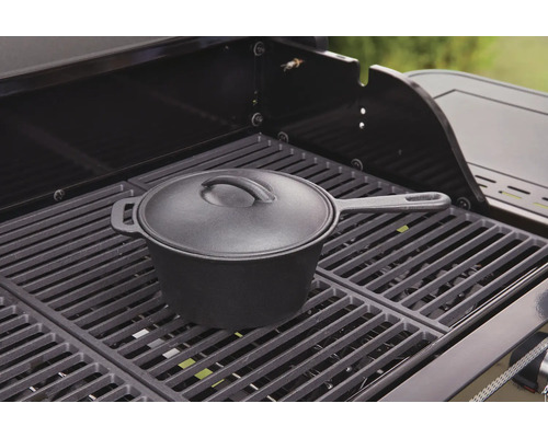 Gjutjärnsgryta med lock på ett grillgaller