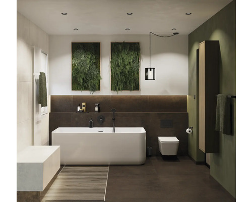 Badrum med badkar, toalett, tvättställ och väggdekoration med växter