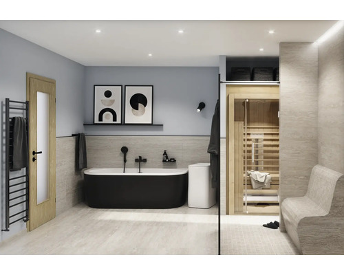 Modernt badrum med fristående badkar, bastu och handdukstork.