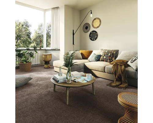 Vardagsrum med brun matta, soffa, bord och dekoration