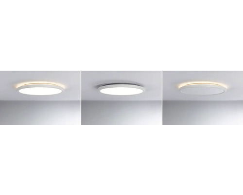 Tre vyer av en rund LED-taklampa med olika ljusinställningar.