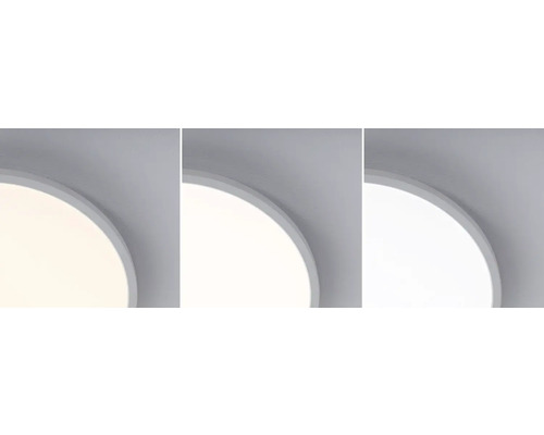 Tre närbilder av en rund taklampa med olika färgtemperaturer.