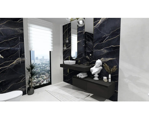 Modernt badrum med svarta marmorplattor, tvättställ och stort fönster