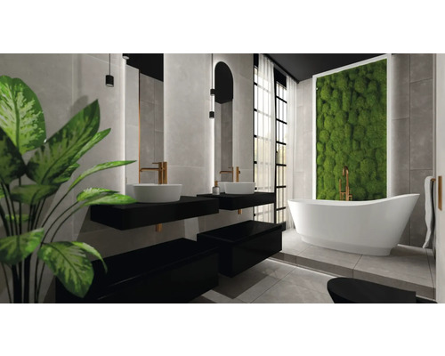 Ljust badrum med dubbla handfat, badkar och mossvägg