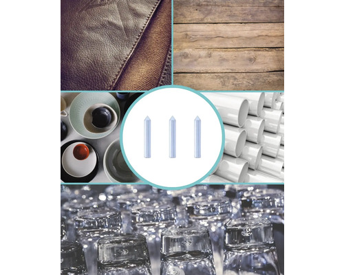 Collage av olika material och föremål: läder, trä, porslin, plaströr och glas