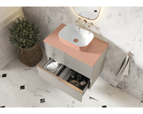 Modernt badrum med tvättställsskåp, tvättställsskål och öppet lådsystem