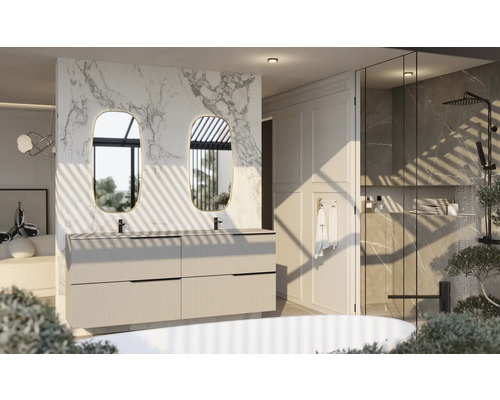 Badrum med dubbla handfat, ovala speglar och duschkabin