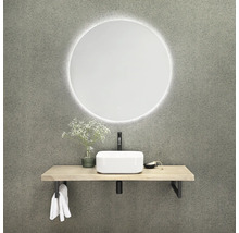 Badrums-tvättställ med rund spegel, handfat, kran och handdukar