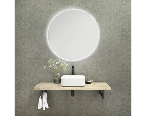 Badrums-tvättställ med rund spegel, handfat, kran och handdukar