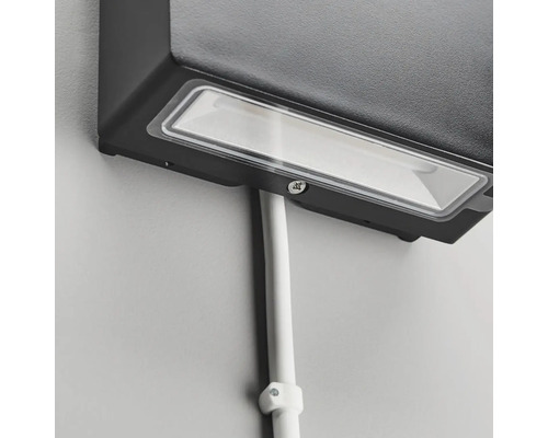 Närbild av en monterad utomhuslampa med kabelkanal på en vägg.