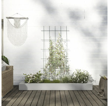 Trädgård med spaljé, planterad blomlåda och väggdekoration