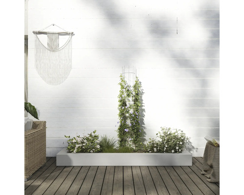 Balkongscen med blomlåda, klätterstöd och väggdekoration för en grön design