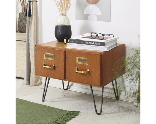 Träskåp med två lådor och metallben i retrostil.