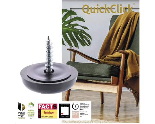 QuickClick möbelglid med skruv framför en stol och utmärkelser