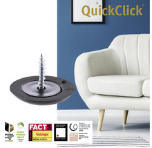 QuickClick möbelglidare med skruv och kvalitetsstämpel bredvid en vit soffa