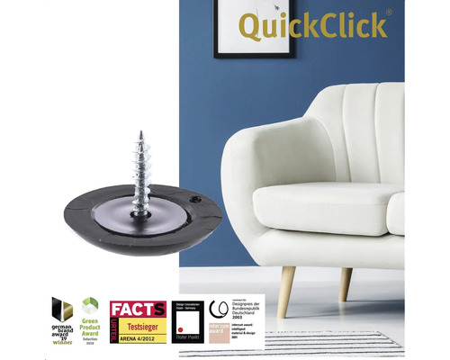 QuickClick möbelglidare med skruv och kvalitetsstämpel bredvid en vit soffa