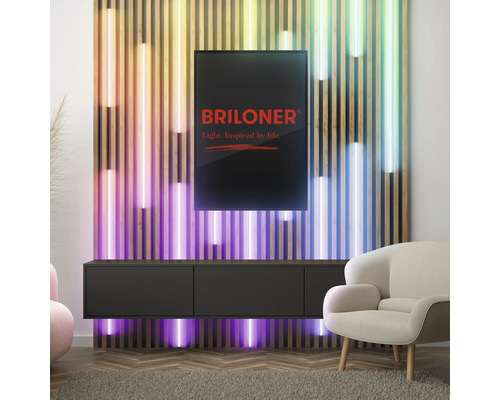 Modernt vardagsrum med träpanelvägg och LED-belysning, med en svart TV-bänk med underbelysning och en Briloner-logotyp.