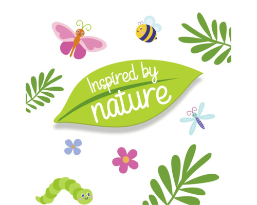 Grafik med inskriptionen Inspirerad av naturen, omgiven av växter, ett bi, en fjäril, en trollslända och en larv.