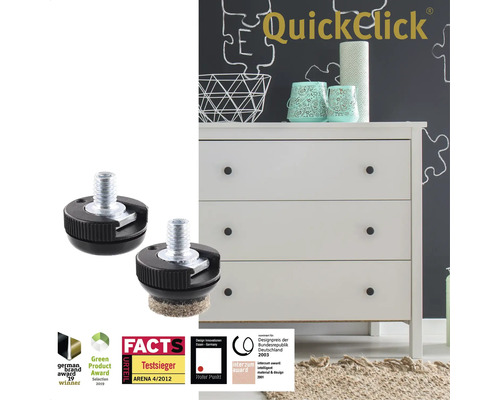 Två möbelglidare med skruvgänga framför en byrå