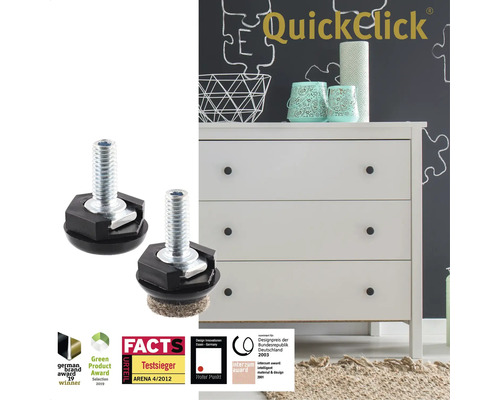 QuickClick möbelglidare med skruv framför byrå