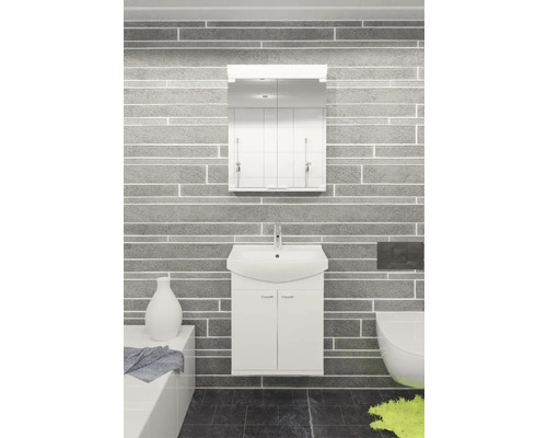 Ljust badrum med tvättställ, spegelskåp och toalett framför en grå vägg