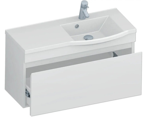 Tvättställsskåp med tvättställ och öppen låda