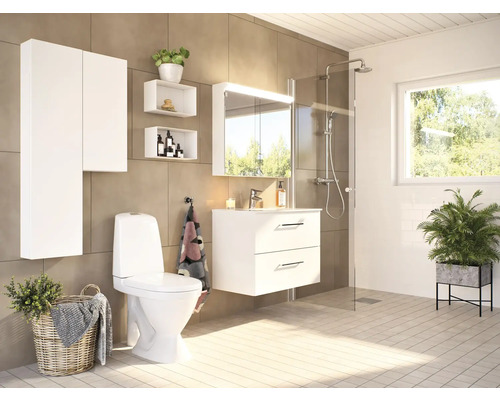 Badrum med toalett, dusch, tvättställsskåp och skåp