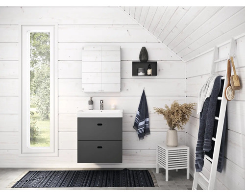 Badrum med tvättställsskåp, spegelskåp, hylla och dekoration i ett rum med träpanel.