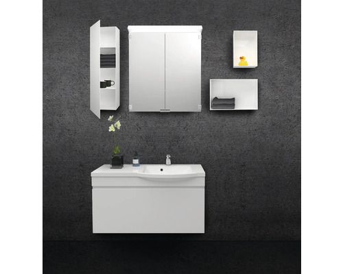 Badrum med tvättställsskåp, spegelskåp och hängande skåp