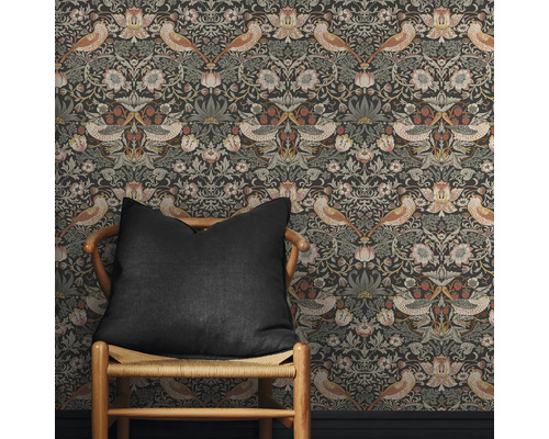 Tapet med fågel- och blommönster på mörk bakgrund