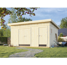 Trädgårdsskjul i trä med dubbeldörr och sidodörr i trädgården