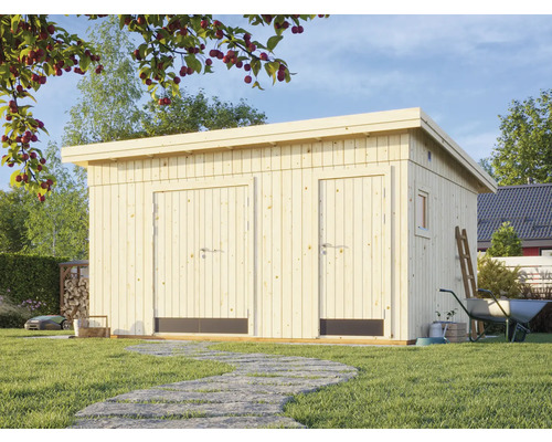 Förråd PALMAKO Kalle trä 452x330cm 14,9m² natur Trädgårdsskjul i trä med dubbeldörr och sidodörr i trädgården