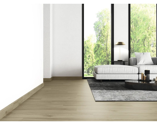 Vardagsrum med trägolv, soffa, matta och fönster