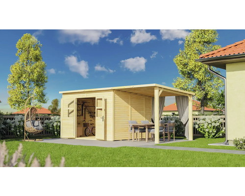 Trädgårdsskjul KONSTA Baltrum 2 med golv & sidotak 16,4m² 566x289cm natur Trädgårdshus i trä med öppna dörrar, cykel och verktyg inuti, samt en intilliggande täckt sittplats med bord och stolar i trädgården